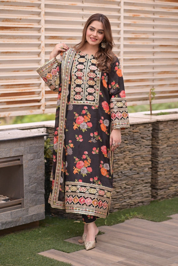 Luxury Silk 3 Piece Unstitched Black 263
