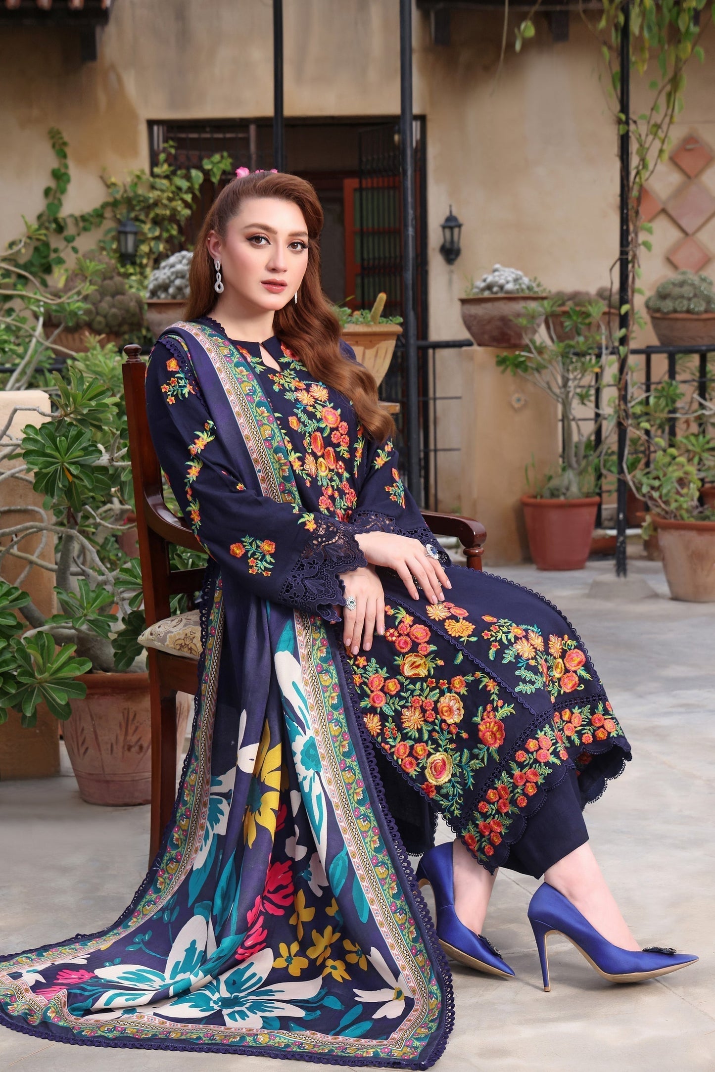 3PC DHANAK EMBROIDERED SHIRT WITH COURTRAI PRINTED SHAWL & TROUSER  V676