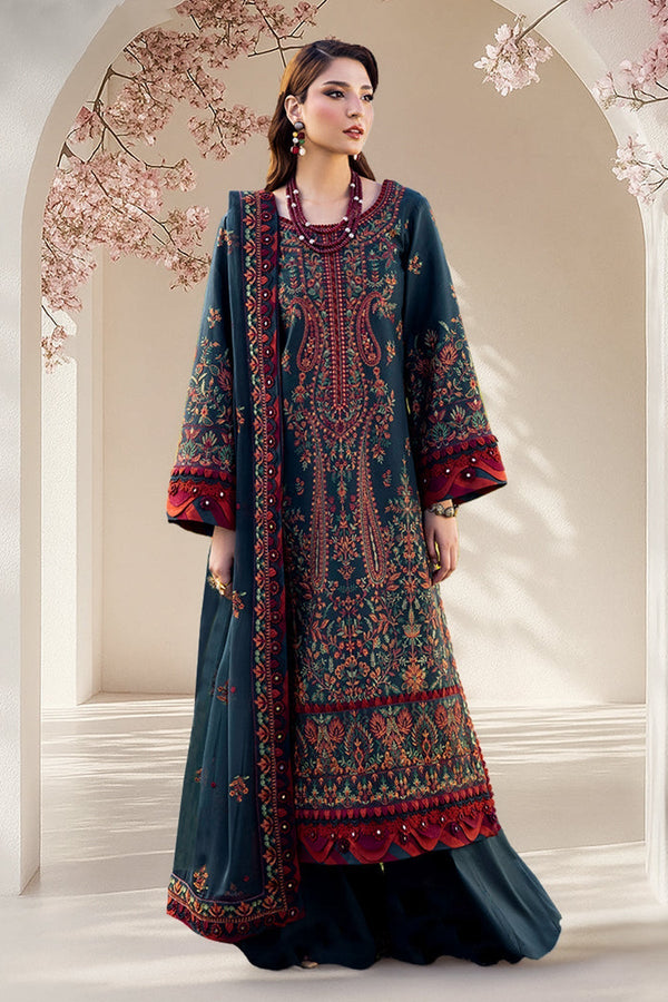 -3PC DHANAK EMBROIDERED SHIRT WITH DHANAK EMBROIDERED SHAWL AND TROUSER - 677