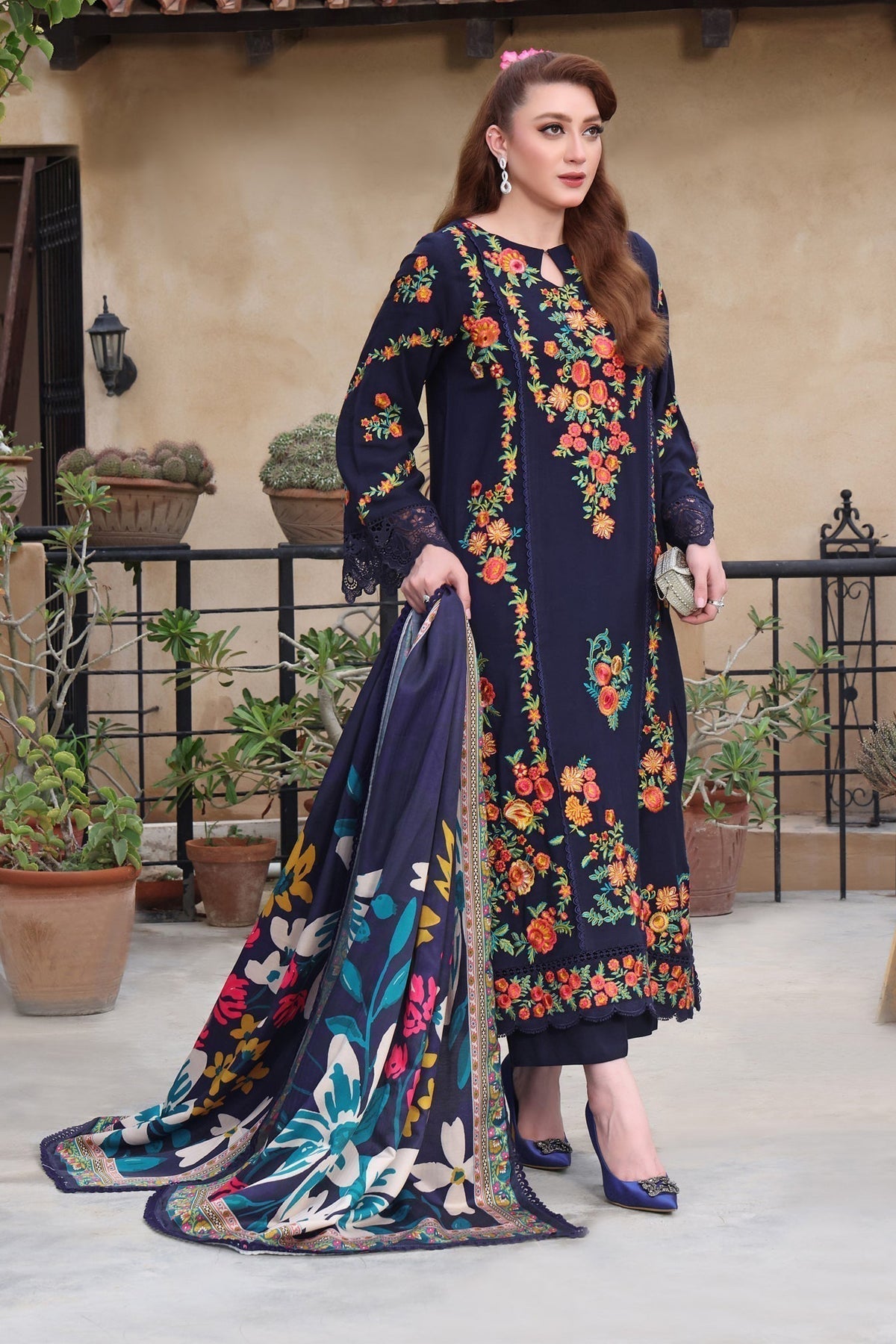 3PC DHANAK EMBROIDERED SHIRT WITH COURTRAI PRINTED SHAWL & TROUSER  V676