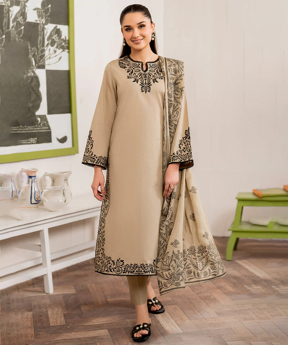 3PC DHANAK EMBROIDERED UNSTITCHED DRESS - 221