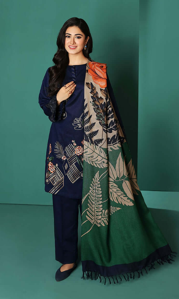 3 Piece Embroidered Dhanak Shirt with Printed Wool Shawl NS 195