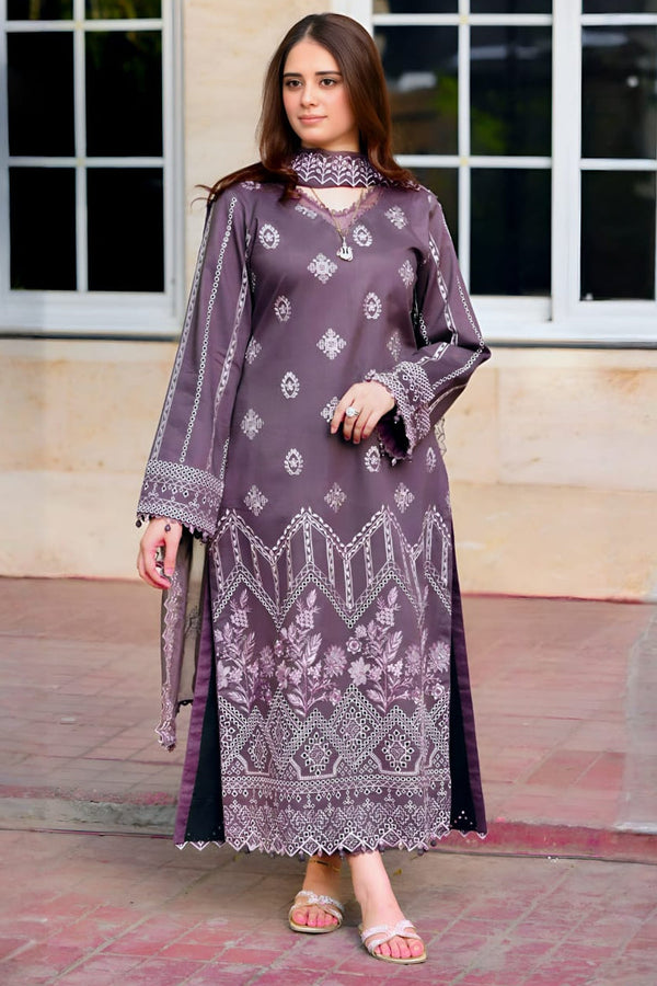- 3PC DHANAK EMBROIDERED SHIRT WITH DHANAK EMBROIDERED SHAWL AND TROUSER - 681